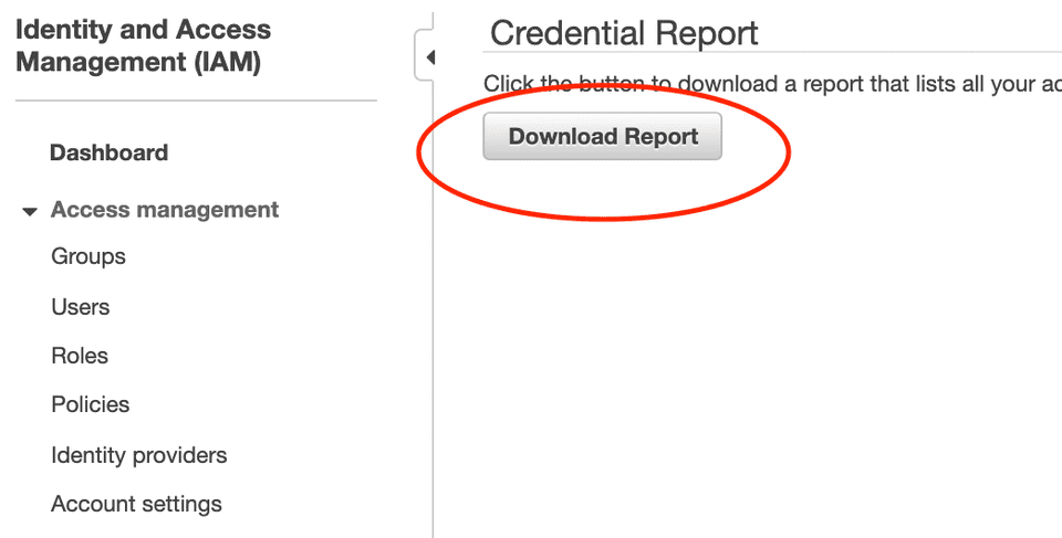 Screenshot of the AWS IAM console with the credential report download button circled